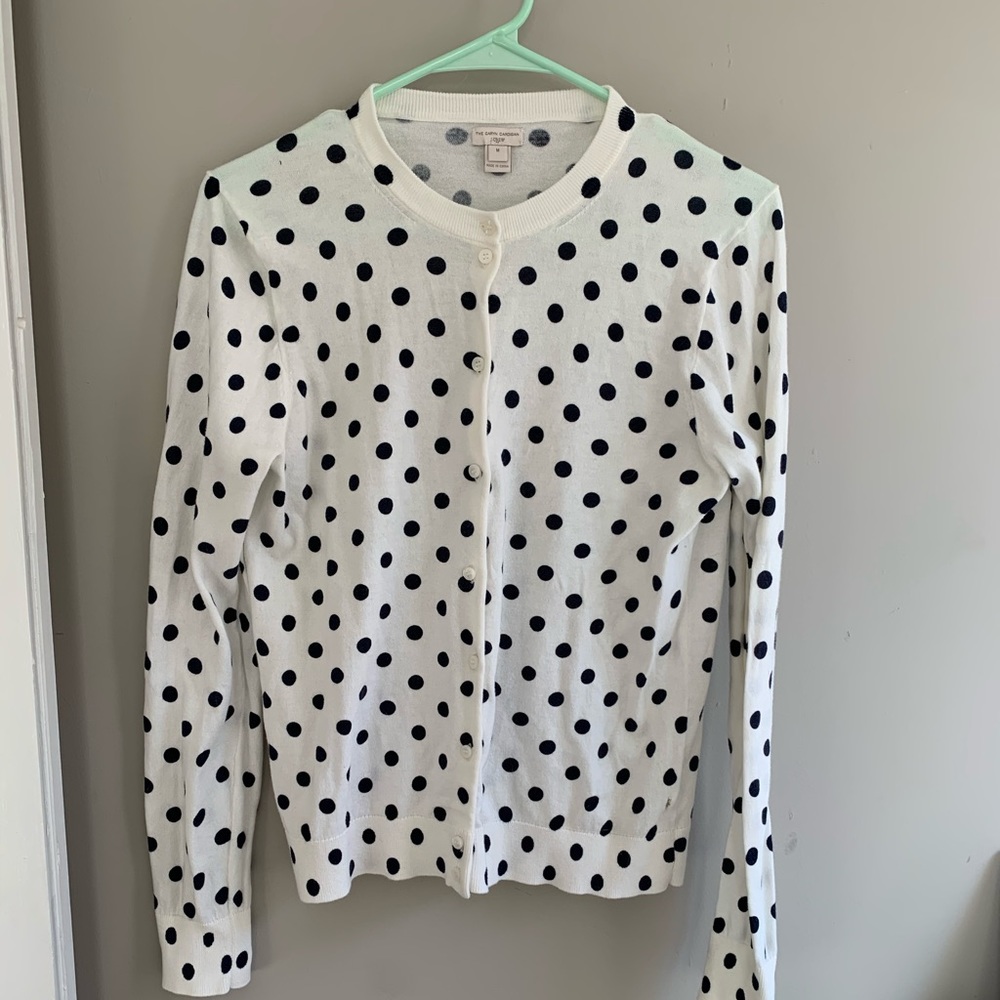 J crew white and navy blue polka dot cardigan